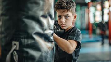 caucasiano Garoto Treinamento boxe, focado criança dentro Academia com boxe luvas. criança boxer praticando socos. conceito do infância disciplina, Atlético treinamento, juventude Esportes, e ativo estilo de vida. foto