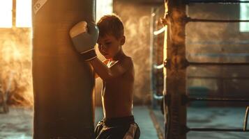 pequeno Garoto Treinamento boxe, focado criança dentro Academia com boxe luvas. criança boxer praticando socos. conceito do infância disciplina, Atlético treinamento, juventude Esportes, e ativo estilo de vida. foto