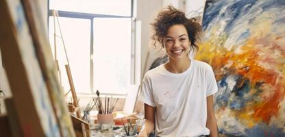 sorridente caucasiano jovem mulher pintor Próximo para dela obra de arte dentro arte estúdio. conceito do artístico talento, bem artes, criativo processo, óleo pintura foto