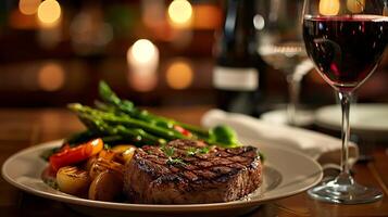 delicioso carne carne bife dentro uma restaurante com uma vidro do vinho para jantar foto