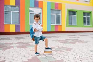 fofa estudante dentro branco camisas e uma óculos com livros e uma mochila. costas para escola foto