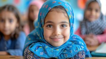 uma jovem menina vestindo uma azul lenço de cabeça sorrisos alegremente às a Câmera foto