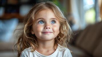 fechar acima do uma criança face com impressionante azul olhos foto