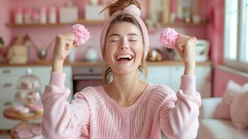 uma mulher em pé com Rosa flores dobrado dentro dela cabelo foto