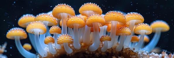 uma grupo do pequeno amarelo e branco cogumelos crescendo juntos em a floresta chão foto