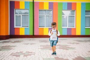 fofa estudante dentro branco camisas e uma óculos com livros e uma mochila. costas para escola foto