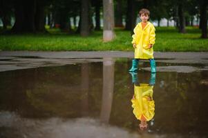 pequeno Garoto jogando dentro chuvoso verão parque. criança com guarda-chuva, à prova d'água casaco e chuteiras pulando dentro poça e lama dentro a chuva. criança caminhando dentro verão chuva ao ar livre Diversão de qualquer clima. feliz infância. foto