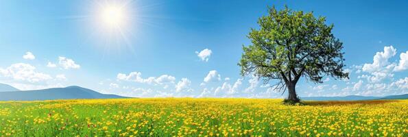 uma solteiro árvore carrinhos no meio uma mar do amarelo floresce dentro uma vibrante campo foto