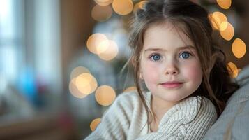 jovem menina com azul olhos sentado em sofá foto