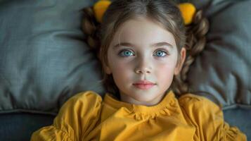 uma jovem menina com azul olhos é reclinável em uma sofá foto