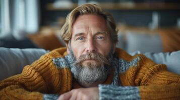uma homem com uma barba vestindo uma suéter foto