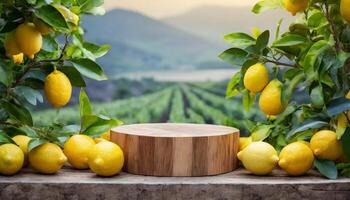 esvaziar madeira pódio cercado de limão fruta e plantar com limão Fazenda fundo foto