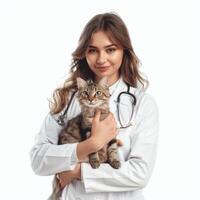 mulher veterinário segurando uma gato isolado em branco fundo. animal médico foto