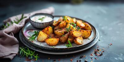 assado batatas com ervas e molho em a elegante prato em uma cinzento pedra fundo com espaço para texto foto