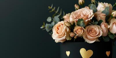 uma ramalhete do branco rosas dentro luxo embalagem com ouro corações em uma Sombrio fundo com cópia de espaço. festivo fundo para aniversário, Casamento ou mulheres dia foto