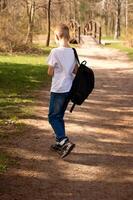 costas Visão do uma Garoto com mochila caminhando em uma caminho dentro a parque foto