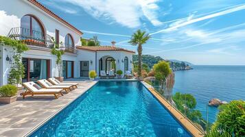 tradicional Mediterrâneo branco casa com natação piscina em uma Colina negligenciar a mar. fundo verão feriados foto