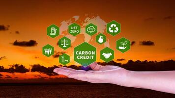 verde energia, carbono crédito mercado conceito, homem de negocios segurando carbono crédito ícone, internet zero, verde energia ícone. carbono neutro dentro indústria internet zero emissão eco energia. foto