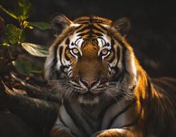 Alto contraste foto do uma tigre dentro baixo luz