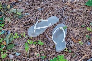 abandonado sandálias de dedo às a parque foto