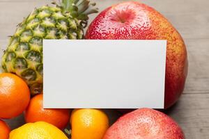 cartão e branco papel brincar harmonizado com fresco fruta, construindo uma visual sinfonia do astuto Projeto e culinária prazer, Onde saudável ingredientes fundir dentro uma festa do vibrante imagens foto