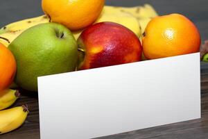 cartão e branco papel brincar harmonizado com fresco fruta, construindo uma visual sinfonia do astuto Projeto e culinária prazer, Onde saudável ingredientes fundir dentro uma festa do vibrante imagens foto