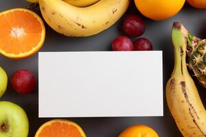 cartão e branco papel brincar harmonizado com fresco fruta, construindo uma visual sinfonia do astuto Projeto e culinária prazer, Onde saudável ingredientes fundir dentro uma festa do vibrante imagens foto