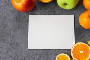 cartão e branco papel brincar harmonizado com fresco fruta, construindo uma visual sinfonia do astuto Projeto e culinária prazer, Onde saudável ingredientes fundir dentro uma festa do vibrante imagens foto