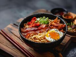 ramen com ovo e bacon borrifado com sésamo sementes. de madeira salva, estético macro foto