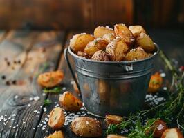 crocantes país batatas com dentro uma lata balde, com sal e verde. de madeira textura. estético foto