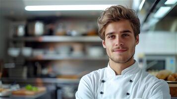 bonito jovem chefe de cozinha com cozinha fundo foto