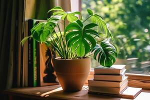 verde monstera plantas e livros em janela peitoril às casa.. foto