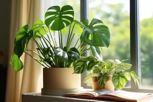 verde monstera plantas e livros em janela peitoril às casa.. foto