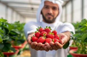 saudita homem segurando fresco morangos dentro interior Fazenda foto