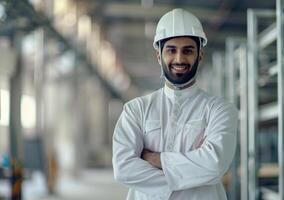 sorridente trabalhador dentro branco uniforme e capacete carrinhos com cruzado braços dentro fábrica corredor foto