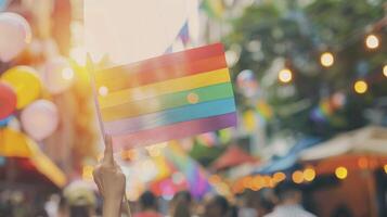 pessoa acenando arco Iris bandeira às orgulho parada ou festival, lgbt conceito com borrado multidão e bokeh fundo, ensolarado dia foto