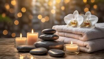 relaxante spa ambiente com spa pedras, velas, e toalhas foto