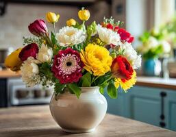 colorida flores dentro uma vaso com borrado cozinha fundo foto