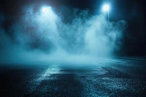 Sombrio rua, molhado asfalto, reflexões do raios dentro a água. abstrato Sombrio azul fundo, fumaça, poluição atmosférica. esvaziar Sombrio cena, néon luz, holofotes foto