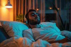 jovem homem ouvindo para música com fones de ouvido dentro cama às noite. jovem homem relaxante dentro cama foto