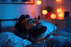 jovem homem ouvindo para música com fones de ouvido dentro cama às noite. jovem homem relaxante dentro cama foto