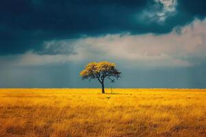 lindo panorama com solitário árvore em a Prado debaixo nublado céu foto