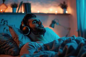 jovem homem ouvindo para música com fones de ouvido dentro cama às noite. jovem homem relaxante dentro cama foto