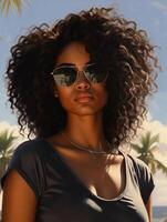 uma fotorrealista retrato do uma 25 anos africano americano mulher dentro oculos de sol foto