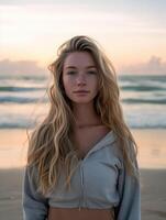 retrato em a de praia jovem mulher com grandes loiro cabelo foto