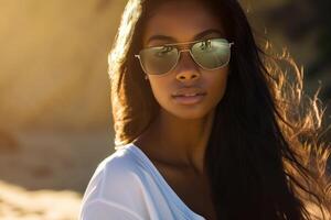 uma fotorrealista retrato do uma 25 anos africano americano mulher dentro oculos de sol foto