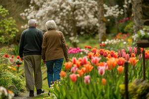 uma caucasiano idosos casal caminhando de mãos dadas foto