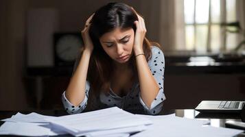 emocional e profissional esgotamento síndrome. estressado jovem mulher revendo dela contas, refletindo financeiro tensão durante uma recessão. foto