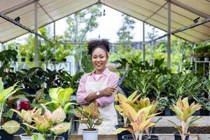 africano mulher jardineiro é cuidando dela exótico plantar plantar dentro a estufa para floresta tropical concurso pequeno Panela para ornamental jardinagem e jardinagem dentro verão foto