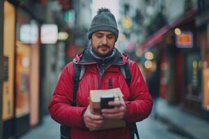 Comida Entrega homem usando inteligente telefone em rua dentro cidade foto